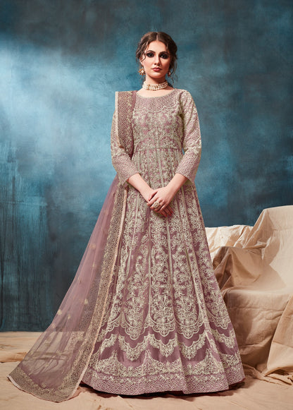 Light_Brown Embroidered Net Semi Stitched Anarkali Suit