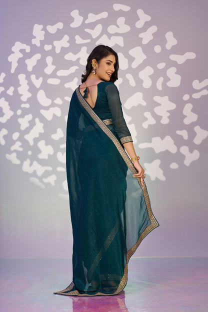 Teal Blue Color Crunchy Fabric Embroidery Work Ready To Wear Saree