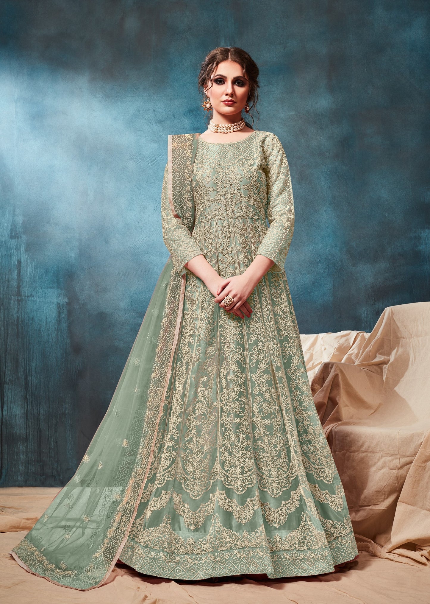 Light Green Embroidered Net Semi Stitched Anarkali Suit