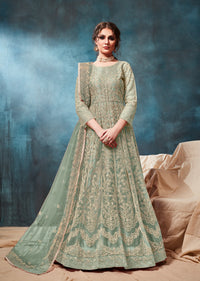 Light Green Embroidered Net Semi Stitched Anarkali Suit