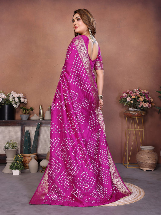 Purple Handmade Bhandhej Viscos Silk Saree With Blouse
