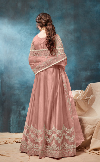 Peach Embroidered Net Semi Stitched Anarkali Suit