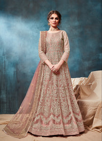 Peach Embroidered Net Semi Stitched Anarkali Suit