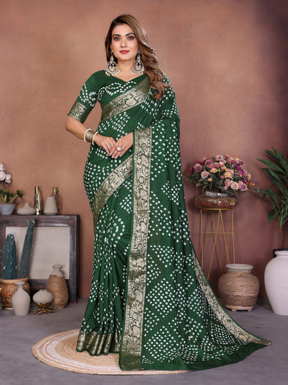 Green Handmade Bhandhej Viscos Silk Saree With Blouse
