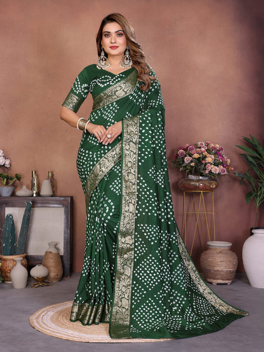 Green Handmade Bhandhej Viscos Silk Saree With Blouse