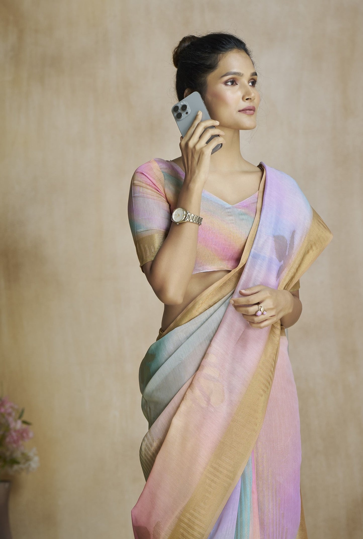 Peach Fancy Fabric With Digital Print Saree With Blouse
