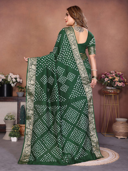 Green Handmade Bhandhej Viscos Silk Saree With Blouse