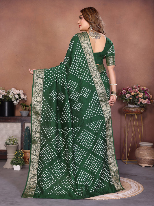 Green Handmade Bhandhej Viscos Silk Saree With Blouse