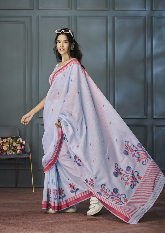 Lavender Designer Weaving Handloom Linen Saree With Blouse