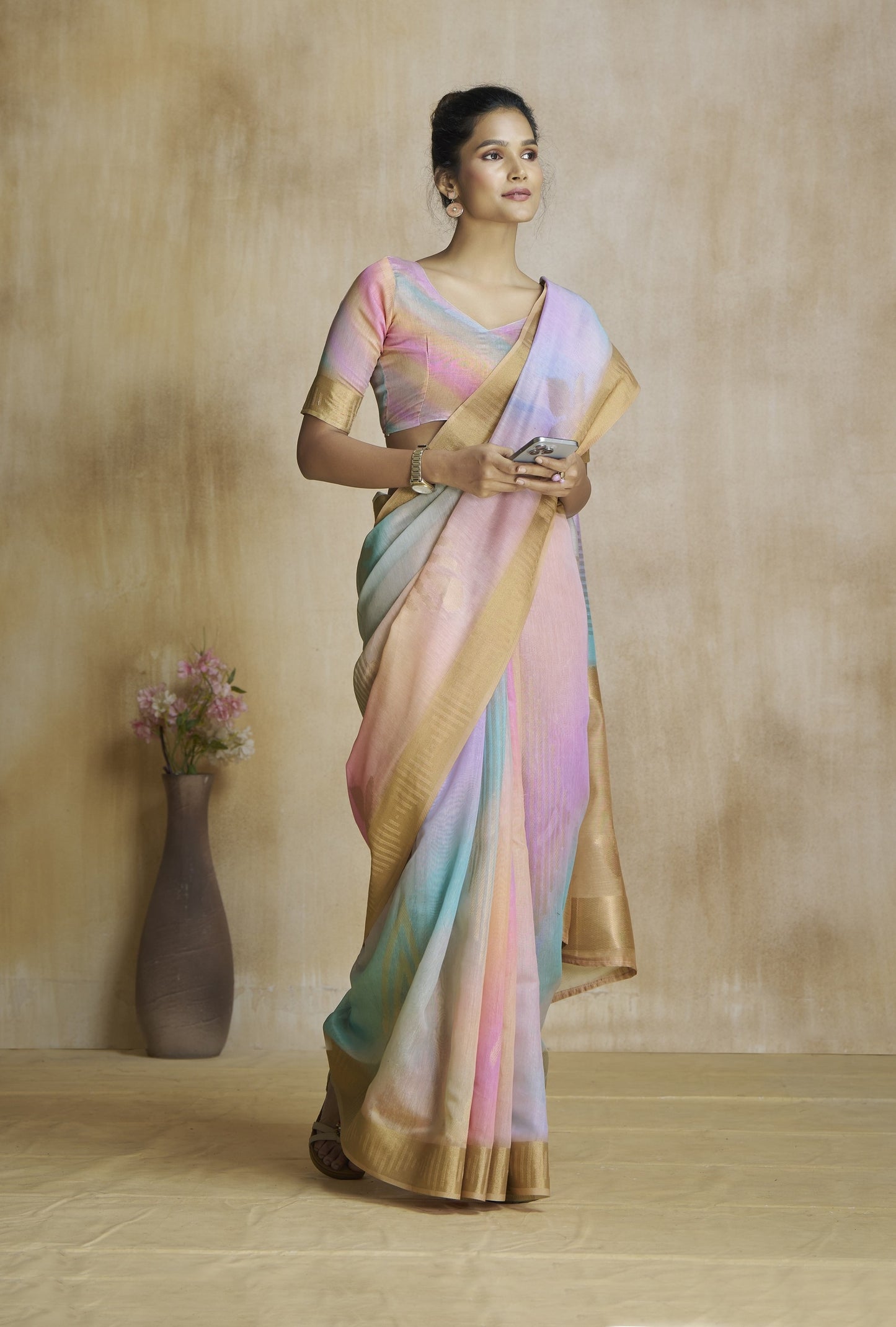 Peach Fancy Fabric With Digital Print Saree With Blouse