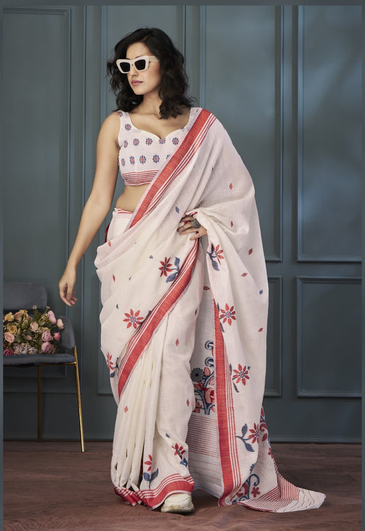 Off white Designer Weaving Handloom Linen Saree With Blouse