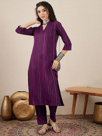 Purple Color Cotton Silk Blend Beautiful Stylish Tendy Top Bottom Set