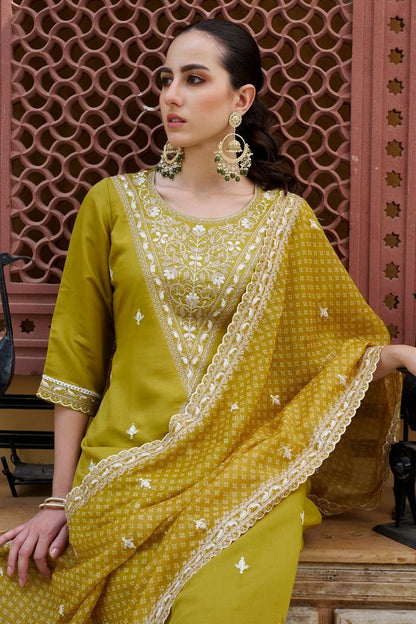 Mustard Color Silk Blend Fabric Beautiful Embroidered Kurta Set With Dupatta