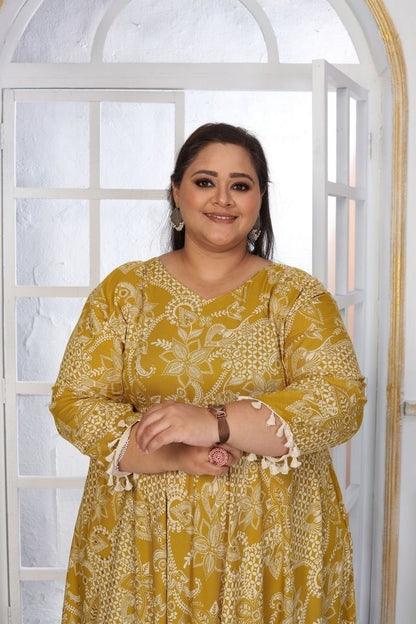 Mustard Color Rayon Fabric Designer Printed Plus Size Kurta For Girls