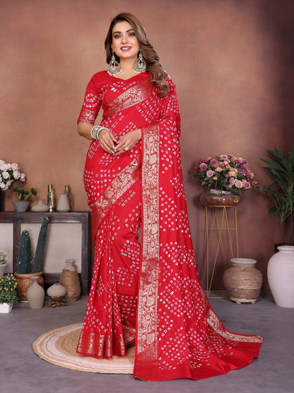 Red Handmade Bhandhej Viscos Silk Saree With Blouse