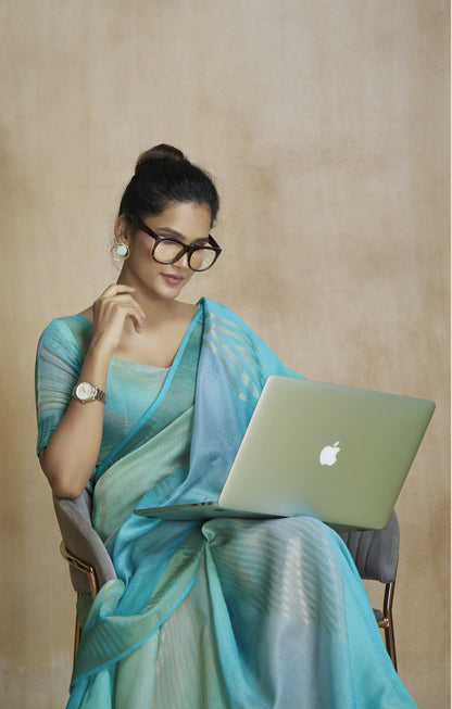 Turquoise Fancy Fabric With Digital Print Saree With Blouse