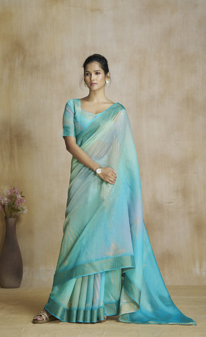 Turquoise Fancy Fabric With Digital Print Saree With Blouse
