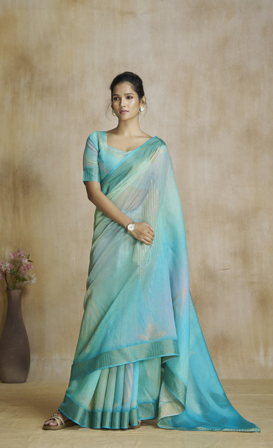 Turquoise Fancy Fabric With Digital Print Saree With Blouse