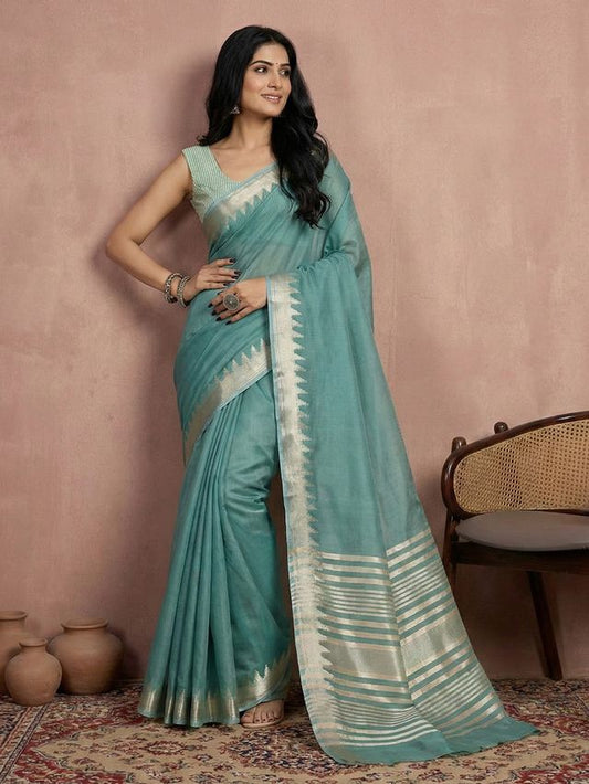 Teal Color Blended Cotton Woven Designer Ceremonial Sober Looks Saree
