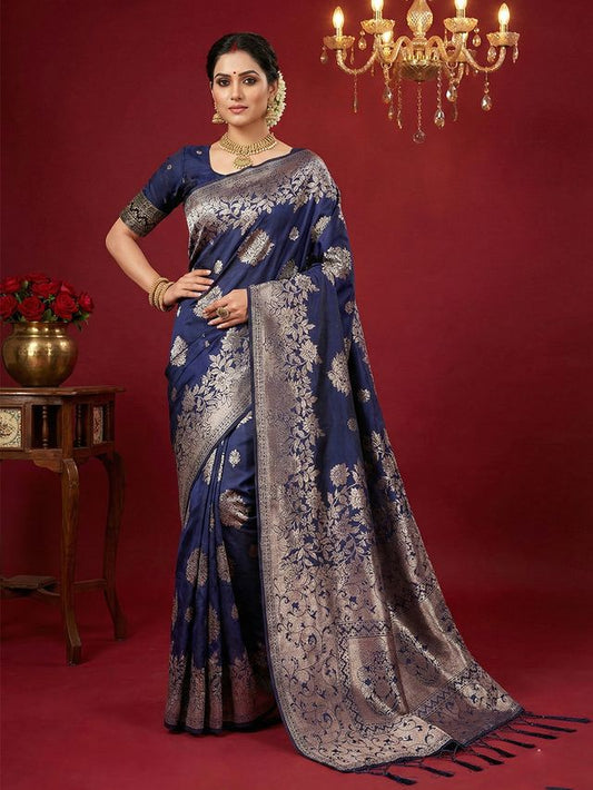 Navy Blue Color Beautiful Silk Blend Fabric Woven Designer Ethnic Ceremonial Saree