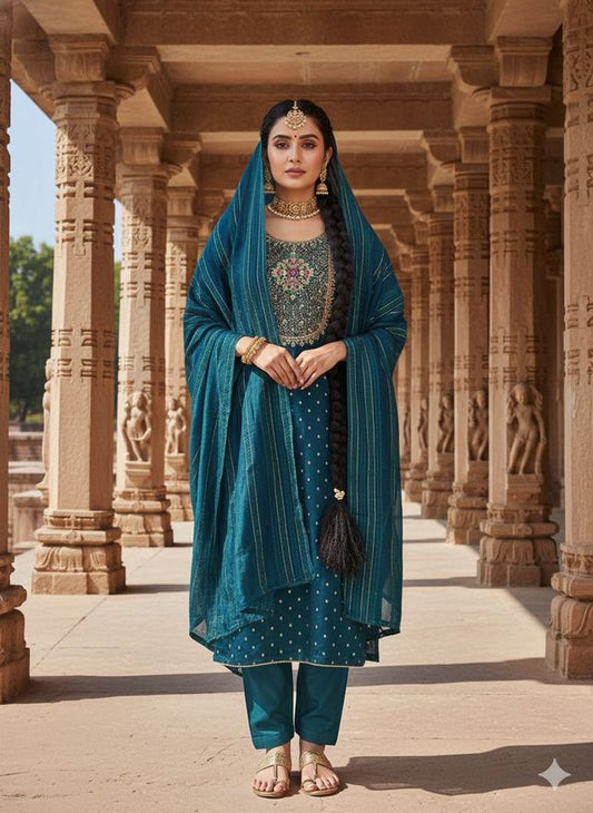 Teal Color Modal Buti Fabric Woven Designer Beautiful Partywear Sawlar Kameez