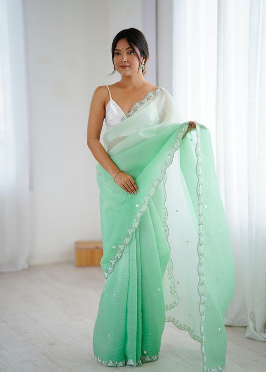 Sea Green Color Chiffon Crush Fabric Beautiful Sophisticated Work Ceremonial Saree