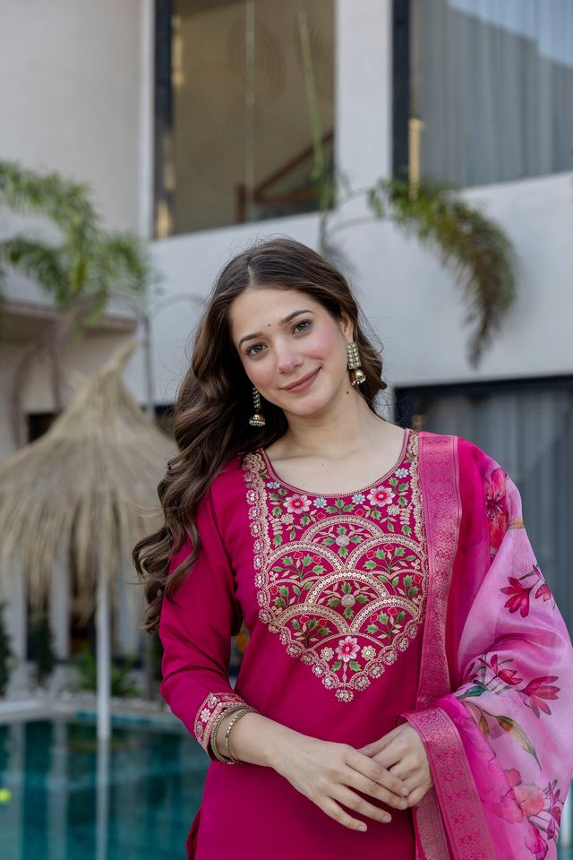Magenta Color Beautiful P V Chanderi Fabric Designer Ceremonial Readymade Suit