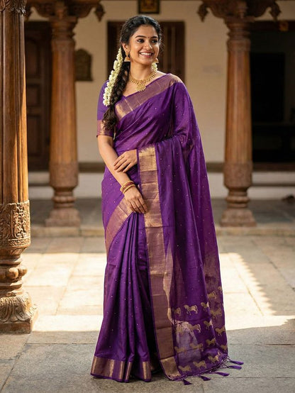 Violet Color Soft Silk Fabric Woven Designer Saree For Ethnic Looks