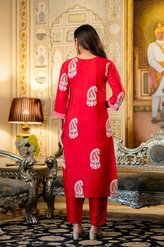 Red Color Rayon Fabric Ceremonial Readymade Kurta Set with Dupatta