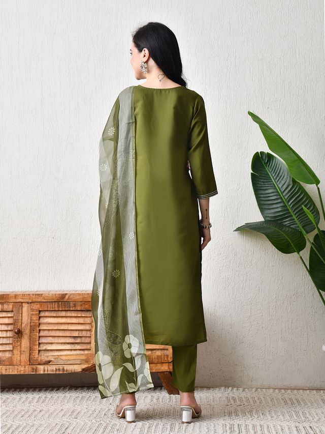 Mahendi Color Roman Silk Fabric Designer Partywear Readymade Suit