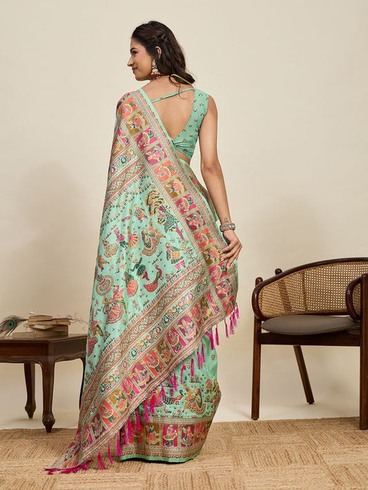 Sea Green Color Beautiful Silk Blended Meenakari Designer Ethnic Partywear Saree