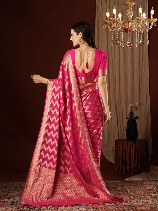 Pink Color Beautiful Woven Ethnic Georgette Fabric Ceremonial Saree
