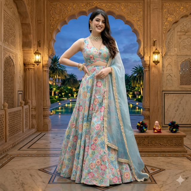 Turquoise Designer Lehenga with Dupatta – Indian Ethnic Wear HKV-003540 MULTI COLOR
