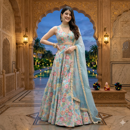 Turquoise Designer Lehenga with Dupatta – Indian Ethnic Wear HKV-003540 MULTI COLOR