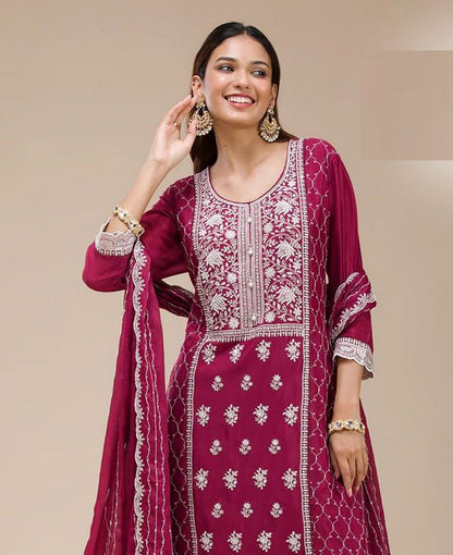 Pink Color Georgette Fabric Designer Embroidered Palazzo Suit For Girls