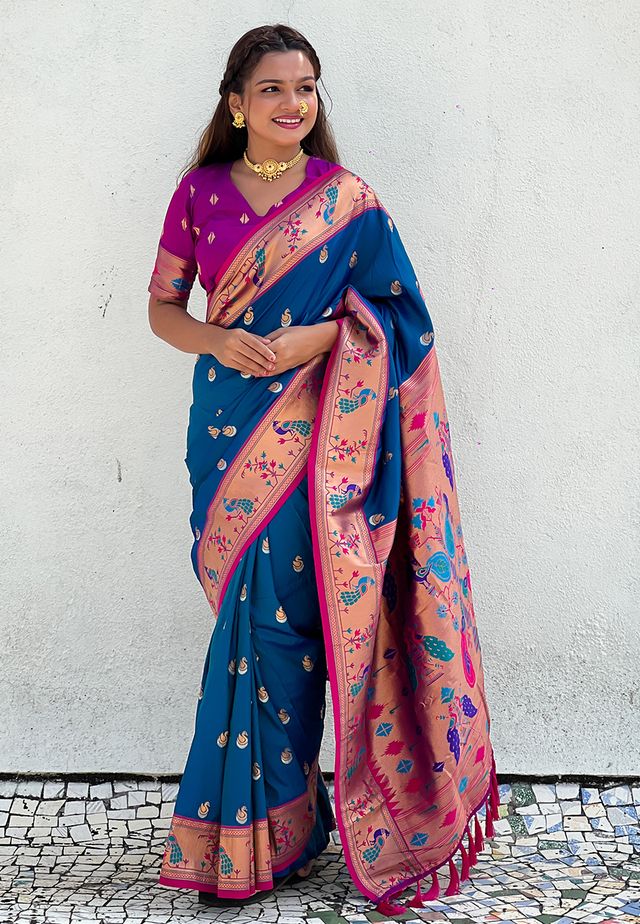 Firozi Color Soft Silk Fabric Woven Meenakari Designer Ethnic Partywear Saree