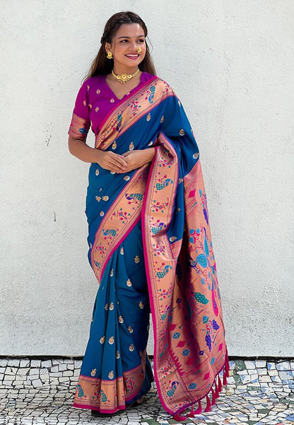Firozi Color Soft Silk Fabric Woven Meenakari Designer Ethnic Partywear Saree