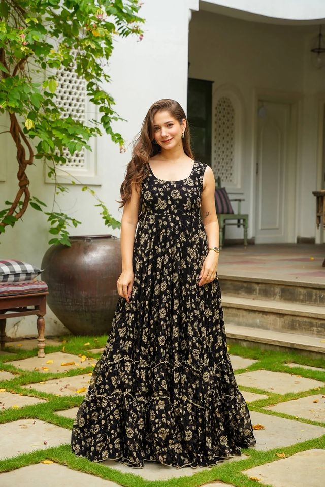 Festive wear gown collection  digital printed work  Black And Crem