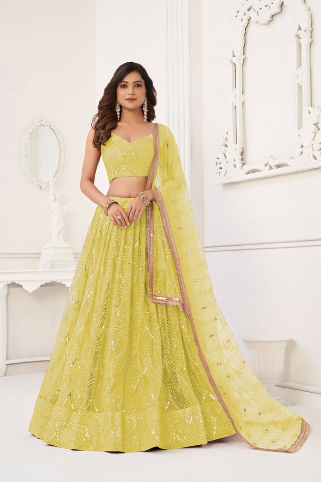 Lemon Color Butterfly Net Fabric Designer Sequins Embroidered Ceremonial Lehenga Choli