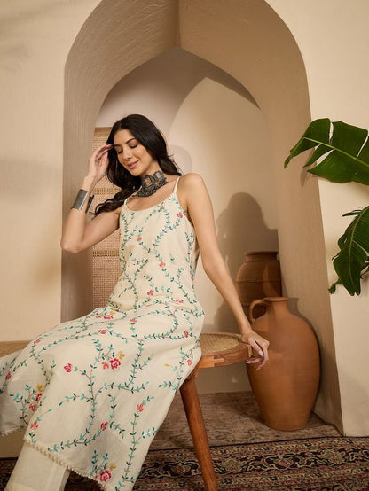 Beige Color Graceful Khadi Silk Fabric Designer Embroidery Work Top Bottom Set 4177