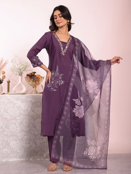 Purple Color Poly Silk Fabric Smart Ethnic Partywear Kurta Set