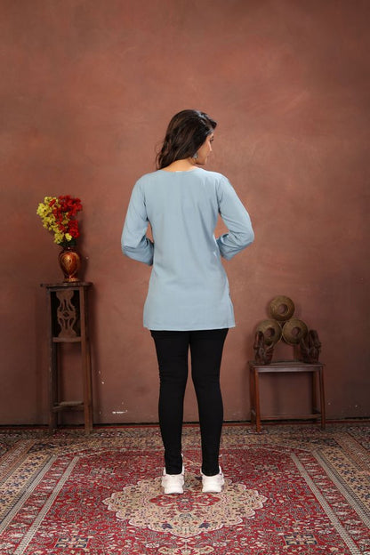 Sky Blue Color Rinkal Cotton Fabric Formal Looking Casual Short Kurta