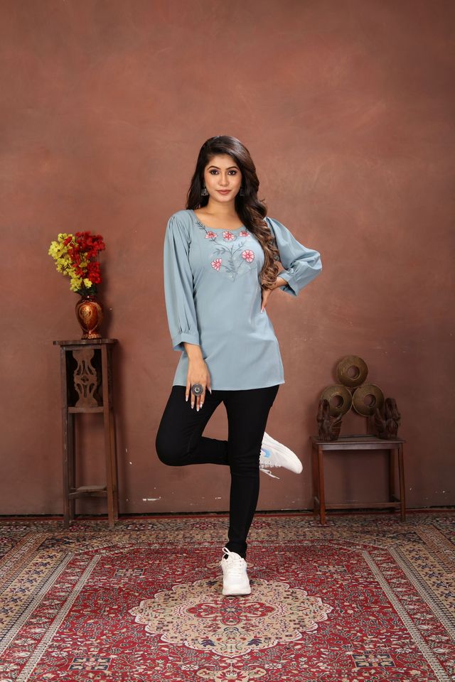 Sky Blue Color Rinkal Cotton Fabric Formal Looking Casual Short Kurta