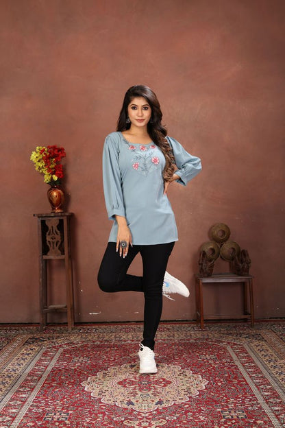 Sky Blue Color Rinkal Cotton Fabric Formal Looking Casual Short Kurta