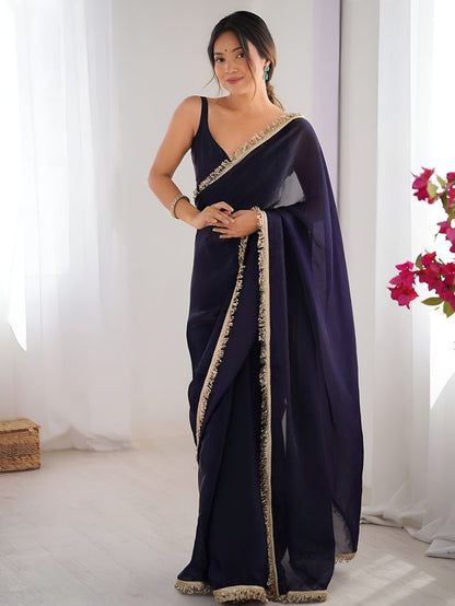 Purple Color Space Silk Fabric Saree With Zalar Lace Border Ethnic Girlie Saree