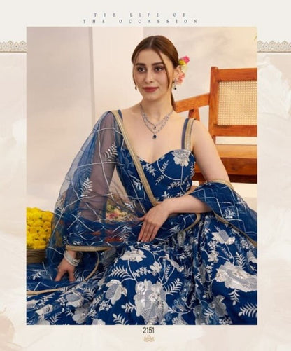 Peacock Blue Heavy Embroidery Net Semi Stitch A Line Lehenga With Blouse