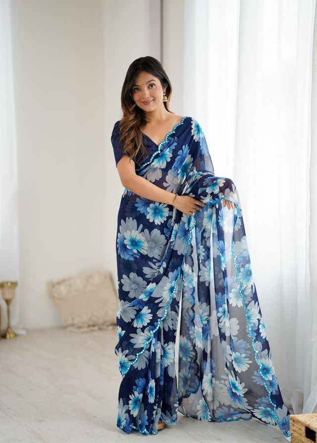 Blue Color Georgette Fabric Designer Printed Bollywood Style Saree