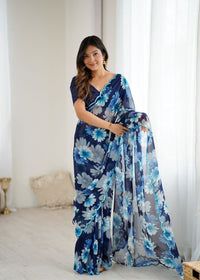 Blue Color Georgette Fabric Designer Printed Bollywood Style Saree