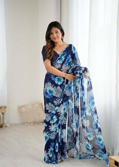 Blue Color Georgette Fabric Designer Printed Bollywood Style Saree