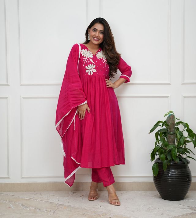 PinkColor Roman Silk Fabric Designer Embroiderd Stitched Suit